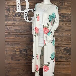Urban Rose | Flower Rose Floral Long‎ Duster Cardigan Rounded Neck Pink Teal